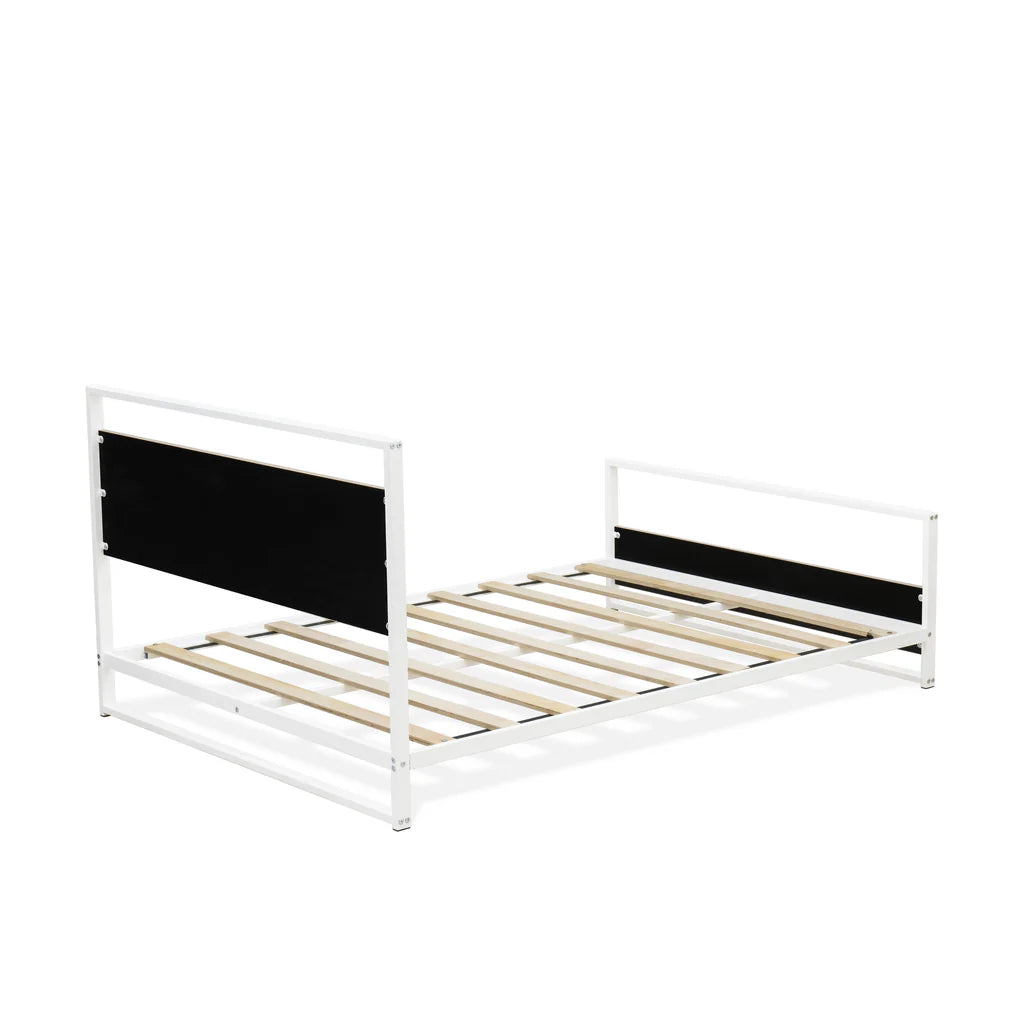 Erie Full Size Platform Bed Frame with 4 Metal Legs - High-class Bed in Powder Coating White Color and White Wood laminate