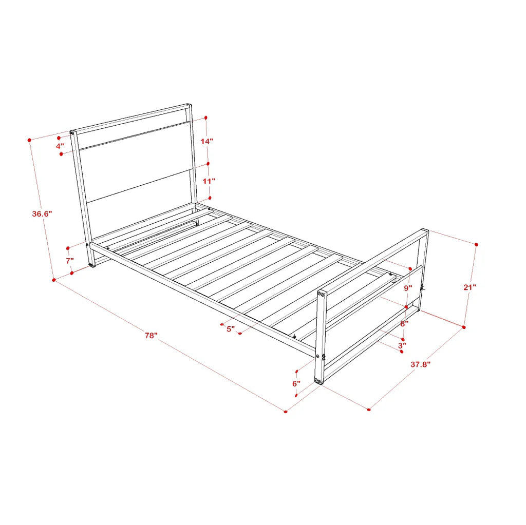 Erie Twin size metal bed frame with 4 Metal Legs - Lavish Bed in Powder Coating White Color and White Wood laminate