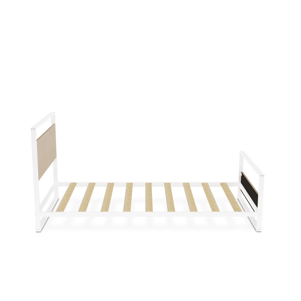 Erie Twin size metal bed frame with 4 Metal Legs - Lavish Bed in Powder Coating White Color and White Wood laminate