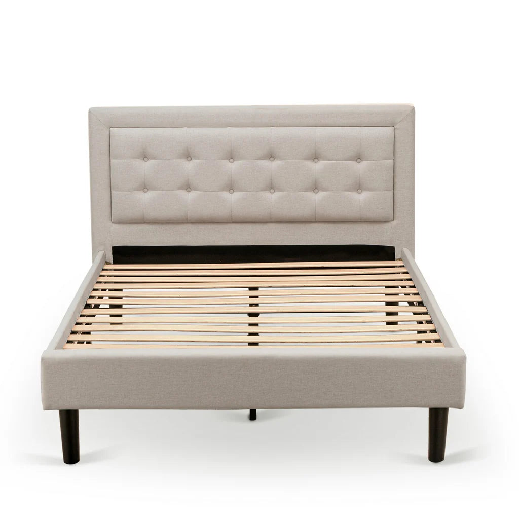 Platform Full Size Bed - Mist Beige Linen Fabric Upholestered Bed Headboard with Button Tufted Trim Design - Black Legs