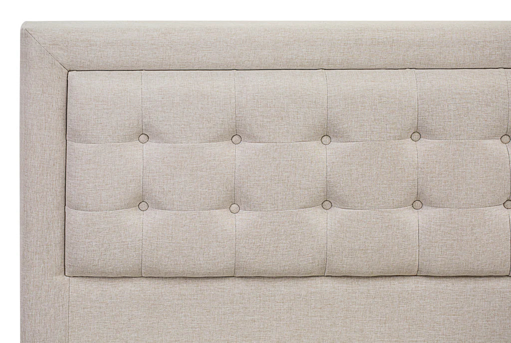 Platform Full Size Bed - Mist Beige Linen Fabric Upholestered Bed Headboard with Button Tufted Trim Design - Black Legs