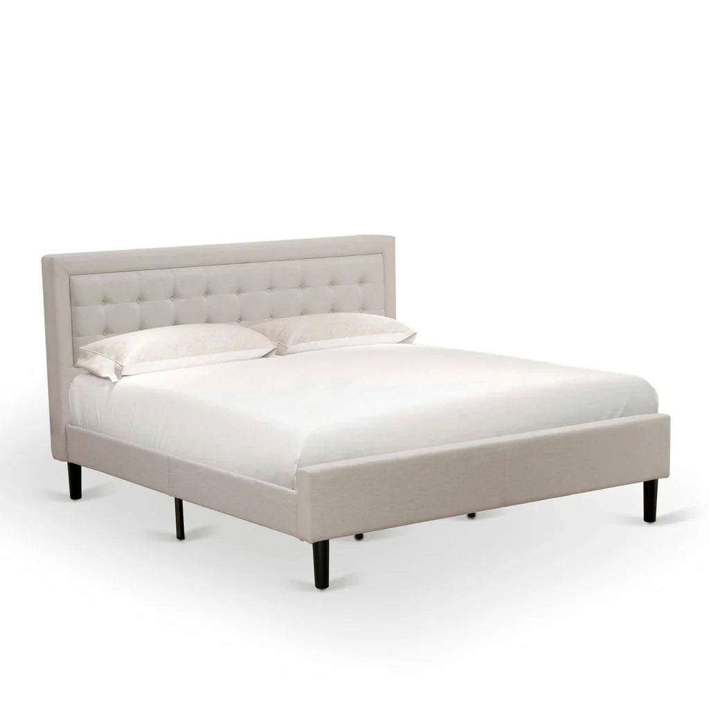 Platform King Size Bed - Mist Beige Linen Fabric Upholestered Bed Headboard with Button Tufted Trim Design - Black Legs