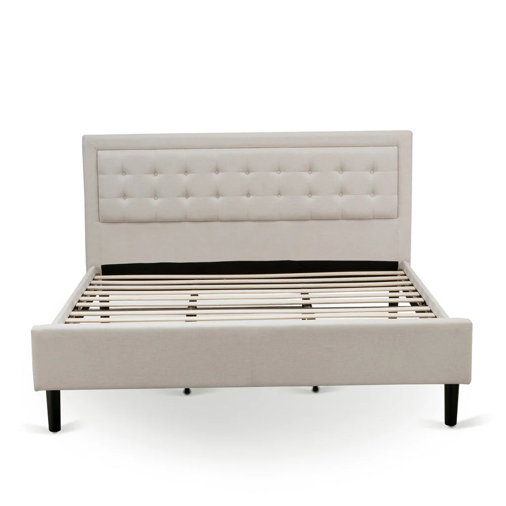 Platform King Size Bed - Mist Beige Linen Fabric Upholestered Bed Headboard with Button Tufted Trim Design - Black Legs