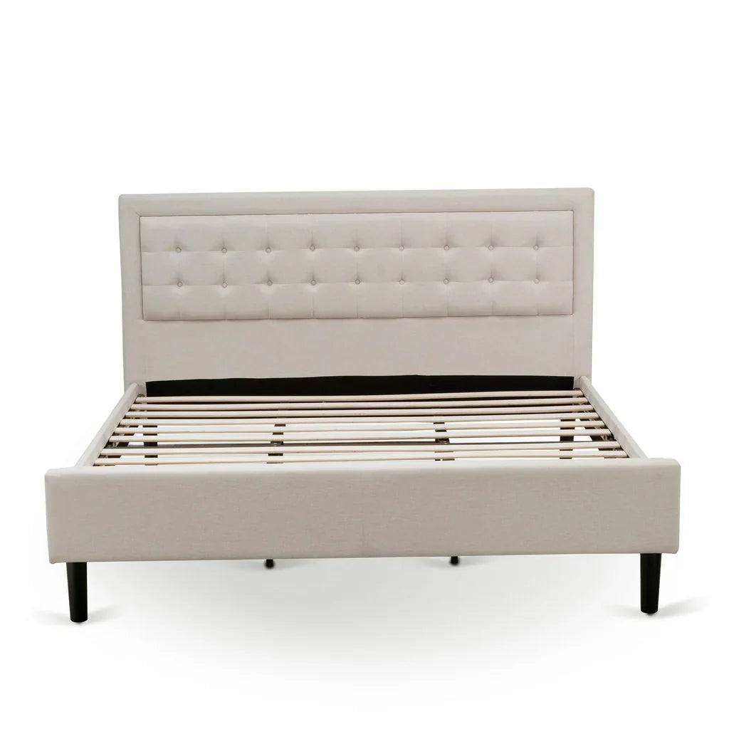 Asami Camden King Size Upholstered Bed in Mist Beige  Linen Fabric, Button Tufting, Black Legs