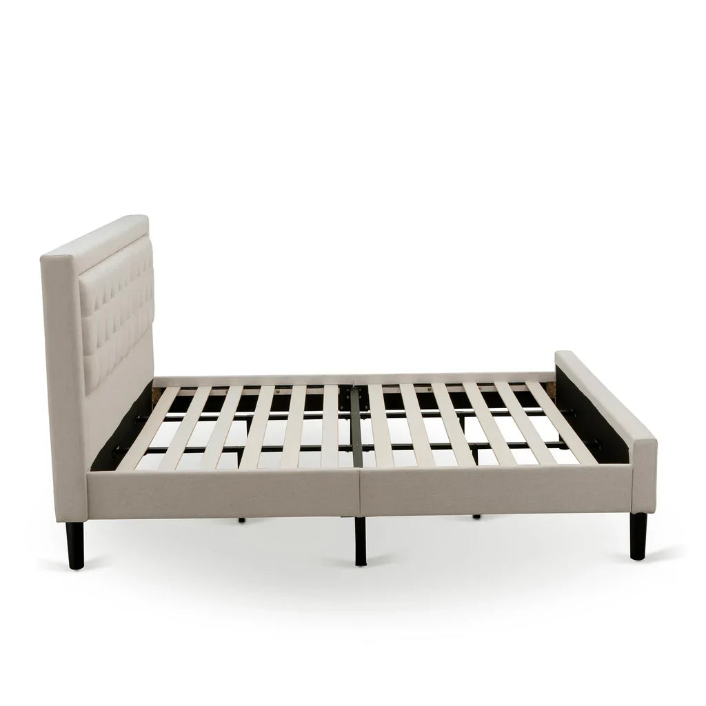 Asami Camden King Size Upholstered Bed in Mist Beige  Linen Fabric, Button Tufting, Black Legs