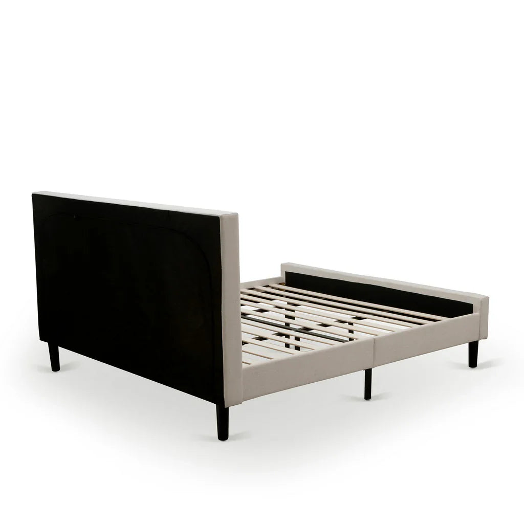 Asami Camden King Size Upholstered Bed in Mist Beige  Linen Fabric, Button Tufting, Black Legs