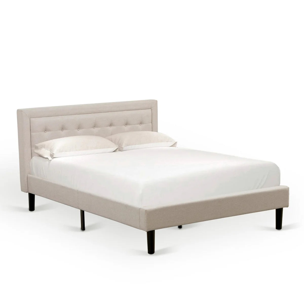 Platform Queen Size Bed - Mist Beige Linen Fabric Upholestered Bed Headboard with Button Tufted Trim Design - Black Legs