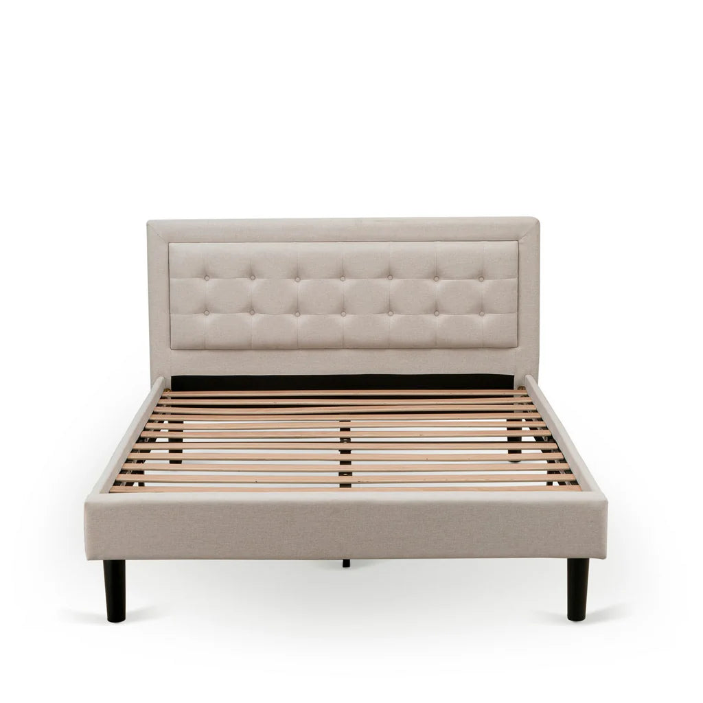 Platform Queen Size Bed - Mist Beige Linen Fabric Upholestered Bed Headboard with Button Tufted Trim Design - Black Legs