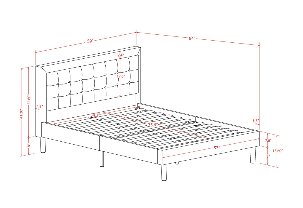 Platform Full Bed Frame - Denim Blue Linen Fabric Upholestered Bed Headboard with Button Tufted Trim Design - Black Legs