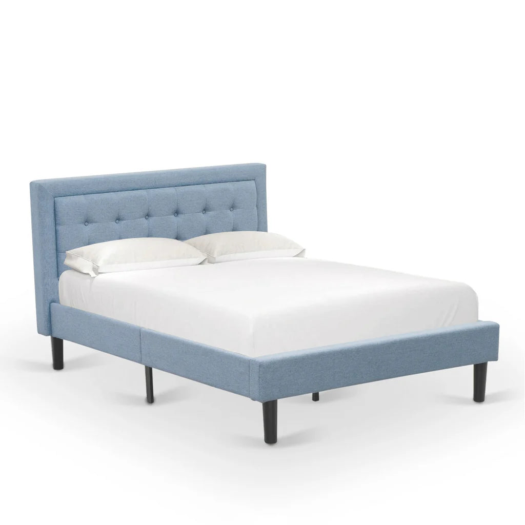 Platform Full Bed Frame - Denim Blue Linen Fabric Upholestered Bed Headboard with Button Tufted Trim Design - Black Legs