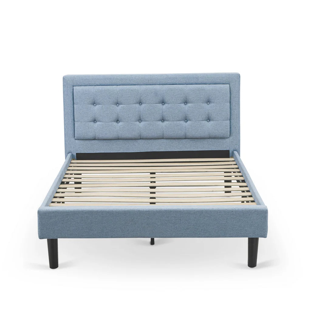 Platform Full Bed Frame - Denim Blue Linen Fabric Upholestered Bed Headboard with Button Tufted Trim Design - Black Legs