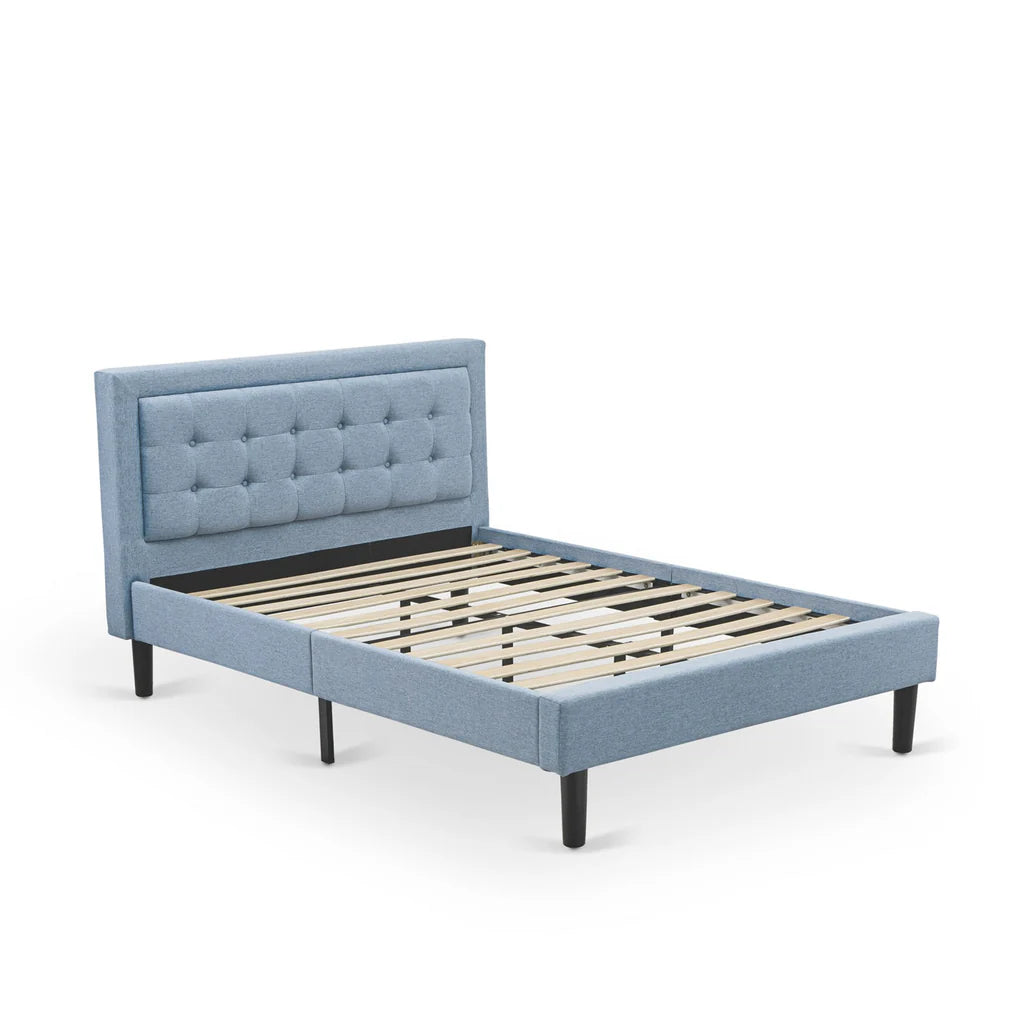 Platform Full Bed Frame - Denim Blue Linen Fabric Upholestered Bed Headboard with Button Tufted Trim Design - Black Legs