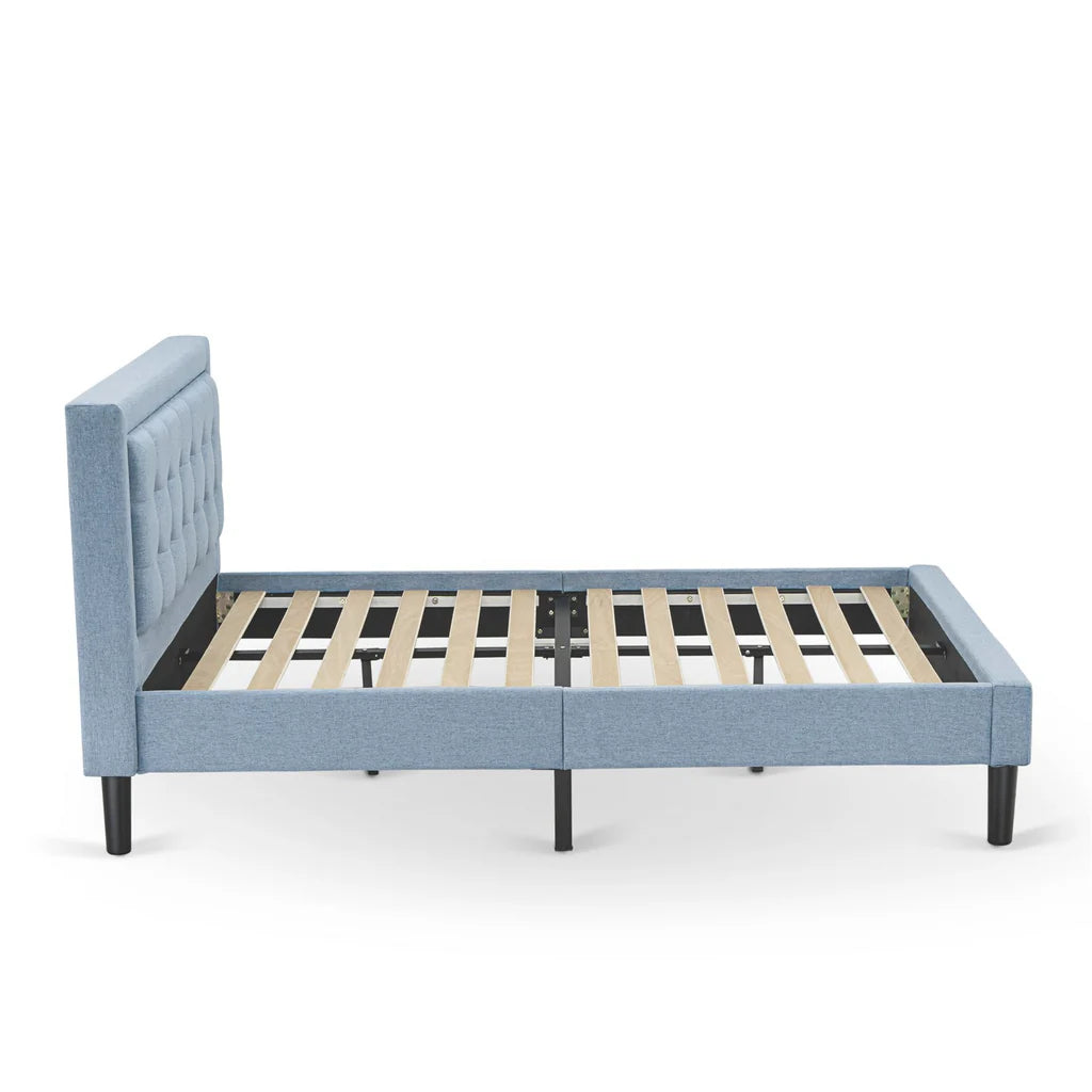 Platform Full Bed Frame - Denim Blue Linen Fabric Upholestered Bed Headboard with Button Tufted Trim Design - Black Legs