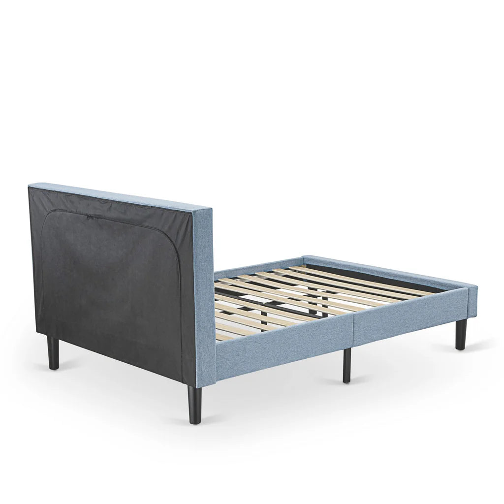 Platform Full Bed Frame - Denim Blue Linen Fabric Upholestered Bed Headboard with Button Tufted Trim Design - Black Legs