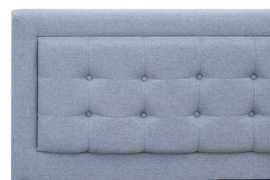 Platform Full Bed Frame - Denim Blue Linen Fabric Upholestered Bed Headboard with Button Tufted Trim Design - Black Legs