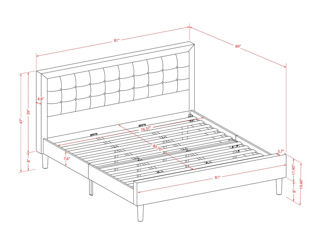 Platform King Bed Frame - Denim Blue Linen Fabric Upholestered Bed Headboard with Button Tufted Trim Design - Black Legs