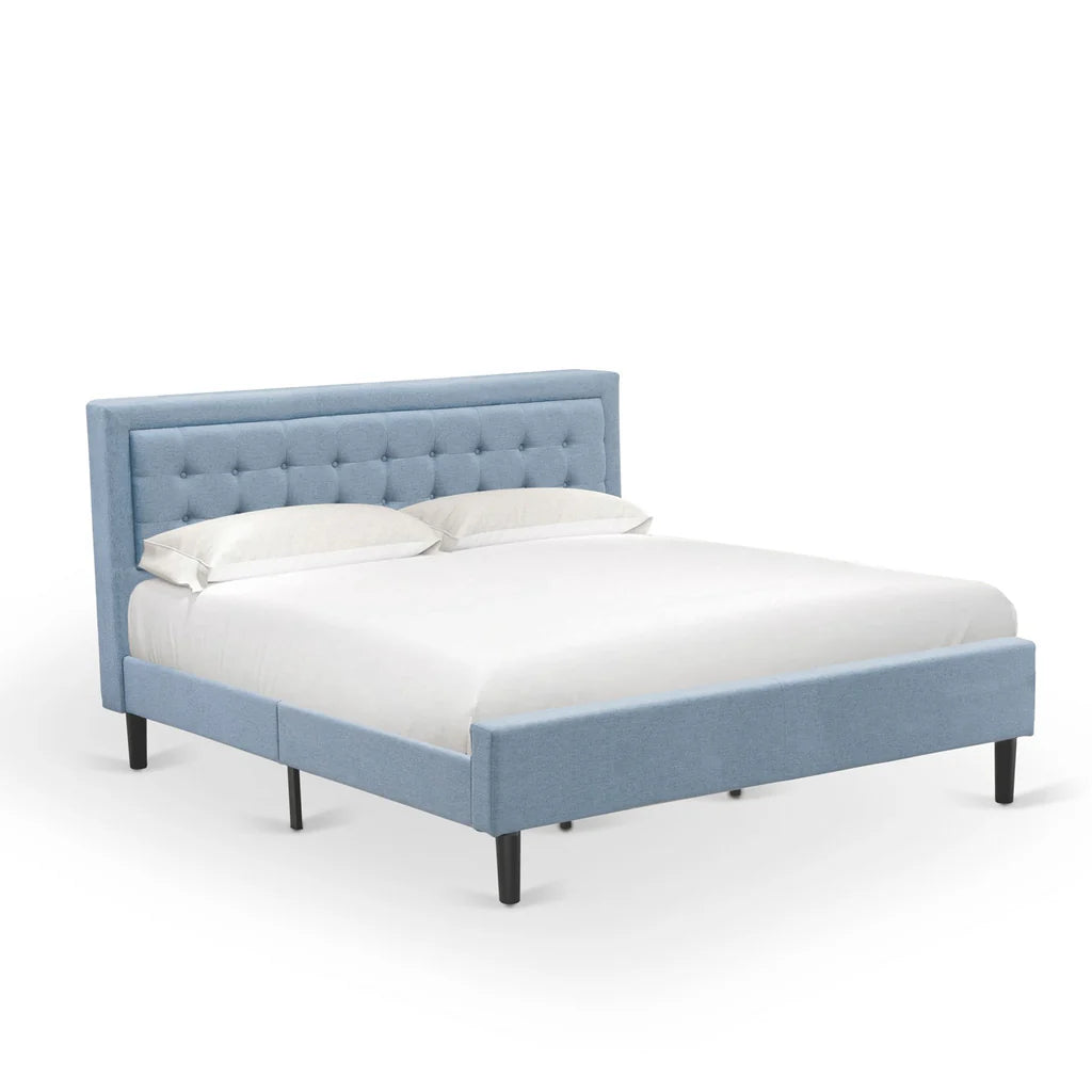 Platform King Bed Frame - Denim Blue Linen Fabric Upholestered Bed Headboard with Button Tufted Trim Design - Black Legs