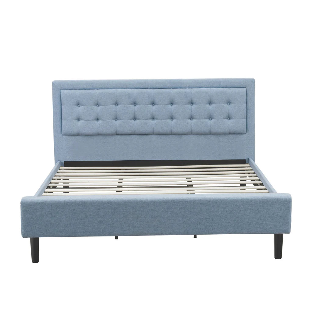 Platform King Bed Frame - Denim Blue Linen Fabric Upholestered Bed Headboard with Button Tufted Trim Design - Black Legs