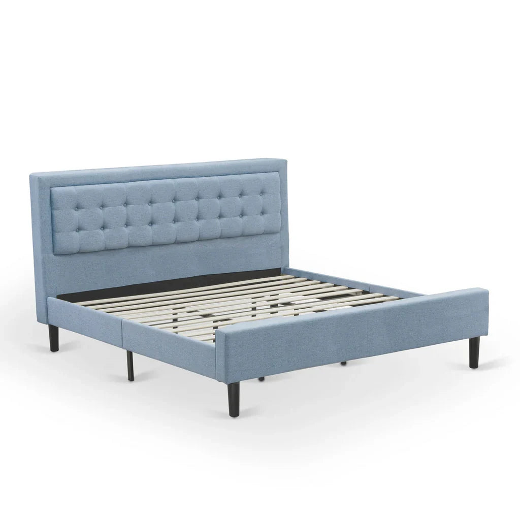 Sablewood East West FNF King Denim Blue Linen Platform Bed Frame  Contemporary Upholstered Headboard with Button Tufted Design