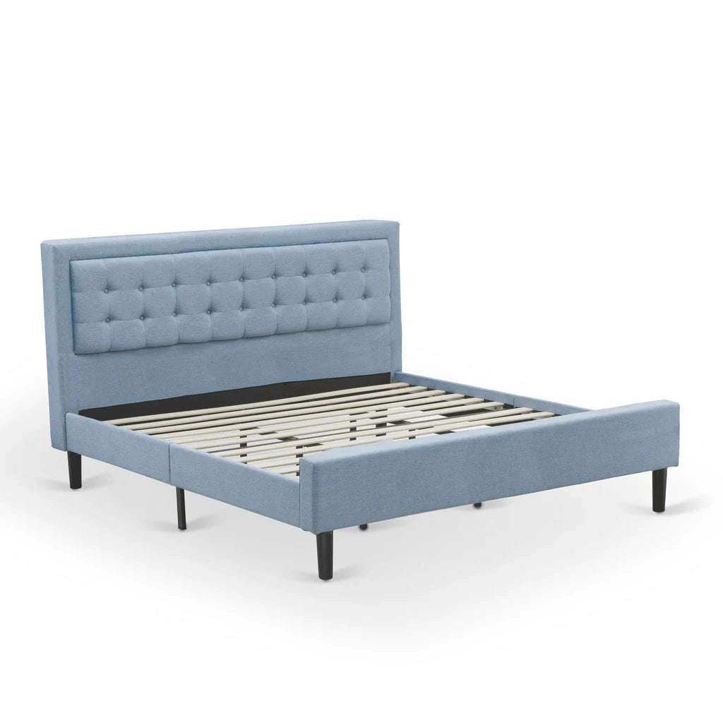 Platform King Bed Frame - Denim Blue Linen Fabric Upholestered Bed Headboard with Button Tufted Trim Design - Black Legs