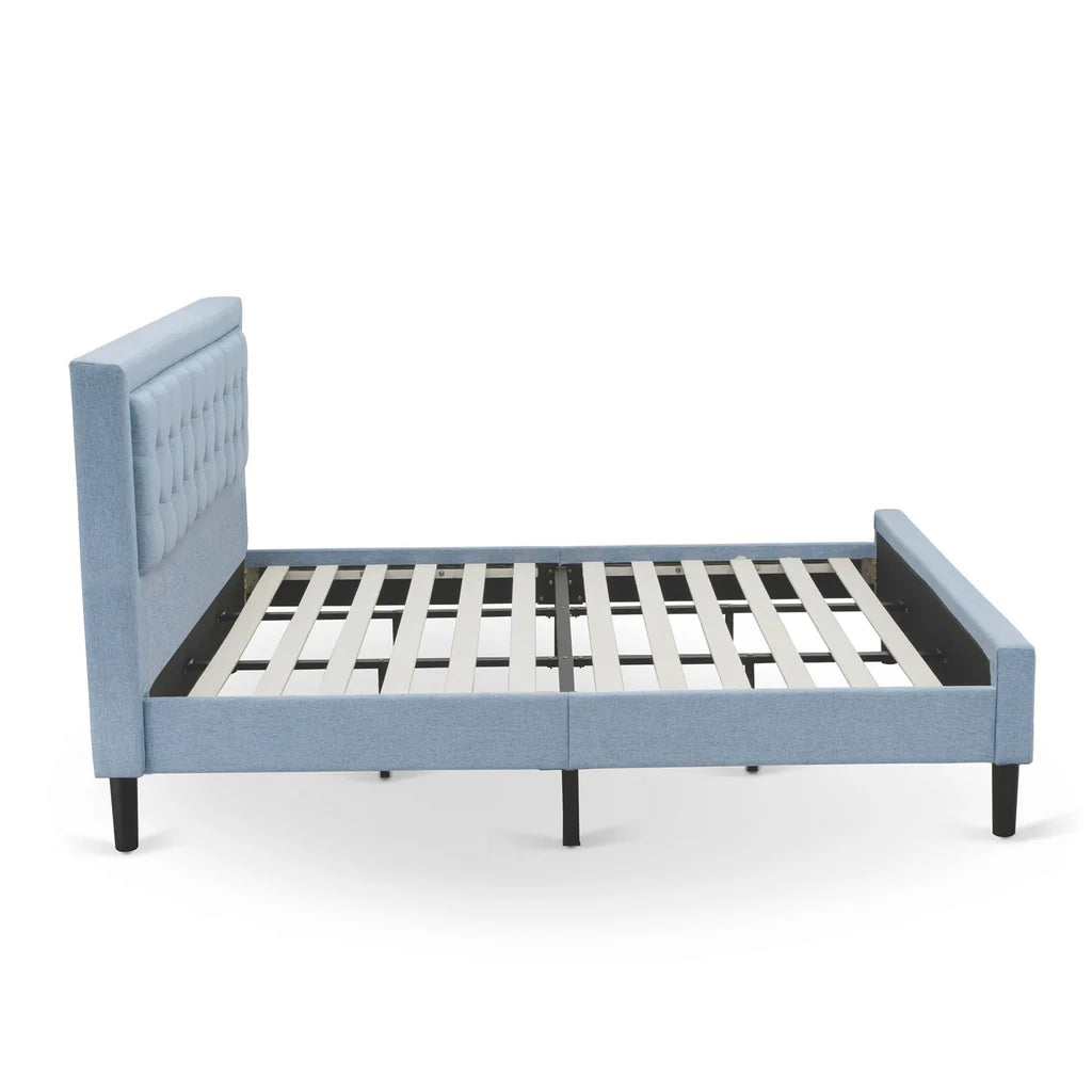 Platform King Bed Frame - Denim Blue Linen Fabric Upholestered Bed Headboard with Button Tufted Trim Design - Black Legs