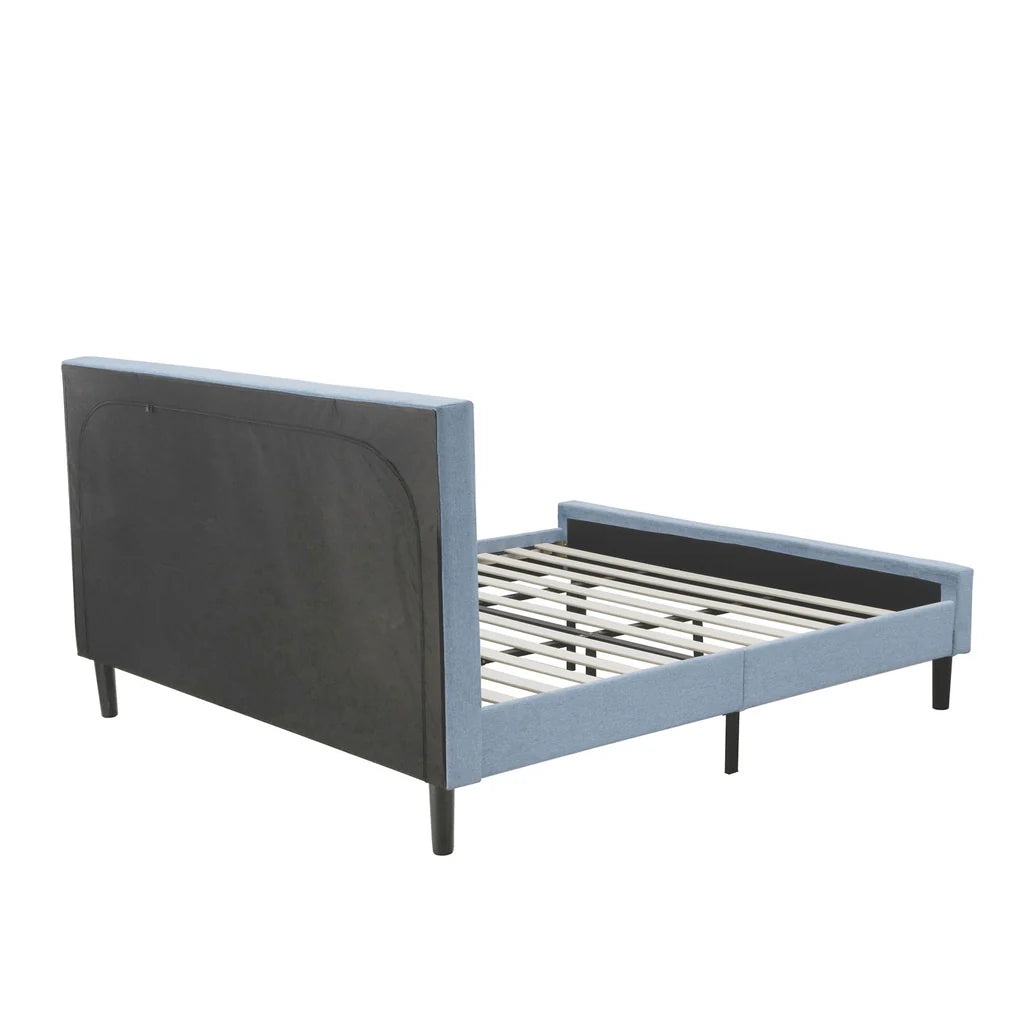 Platform King Bed Frame - Denim Blue Linen Fabric Upholestered Bed Headboard with Button Tufted Trim Design - Black Legs