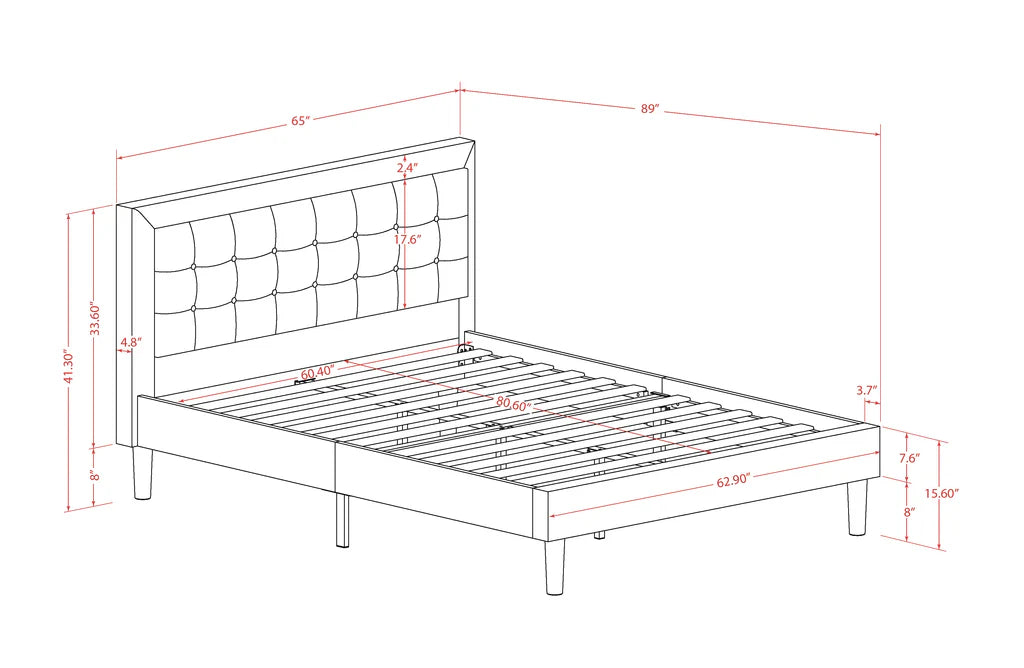 Platform Queen Size Bed - Denim Blue Linen Fabric Upholestered Bed Headboard with Button Tufted Trim Design - Black Legs