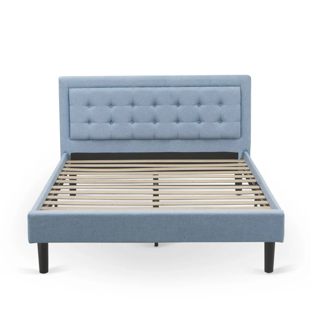 Platform Queen Size Bed - Denim Blue Linen Fabric Upholestered Bed Headboard with Button Tufted Trim Design - Black Legs