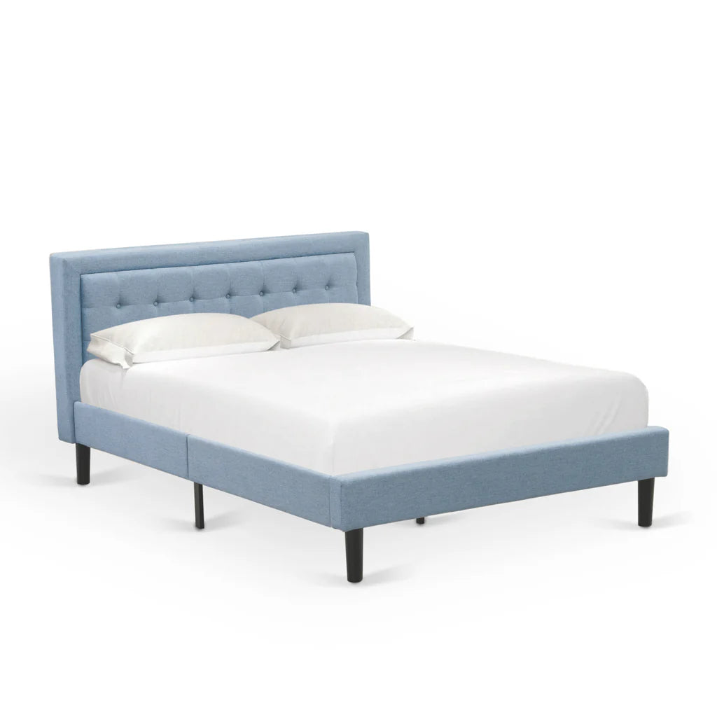 Platform Queen Size Bed - Denim Blue Linen Fabric Upholestered Bed Headboard with Button Tufted Trim Design - Black Legs