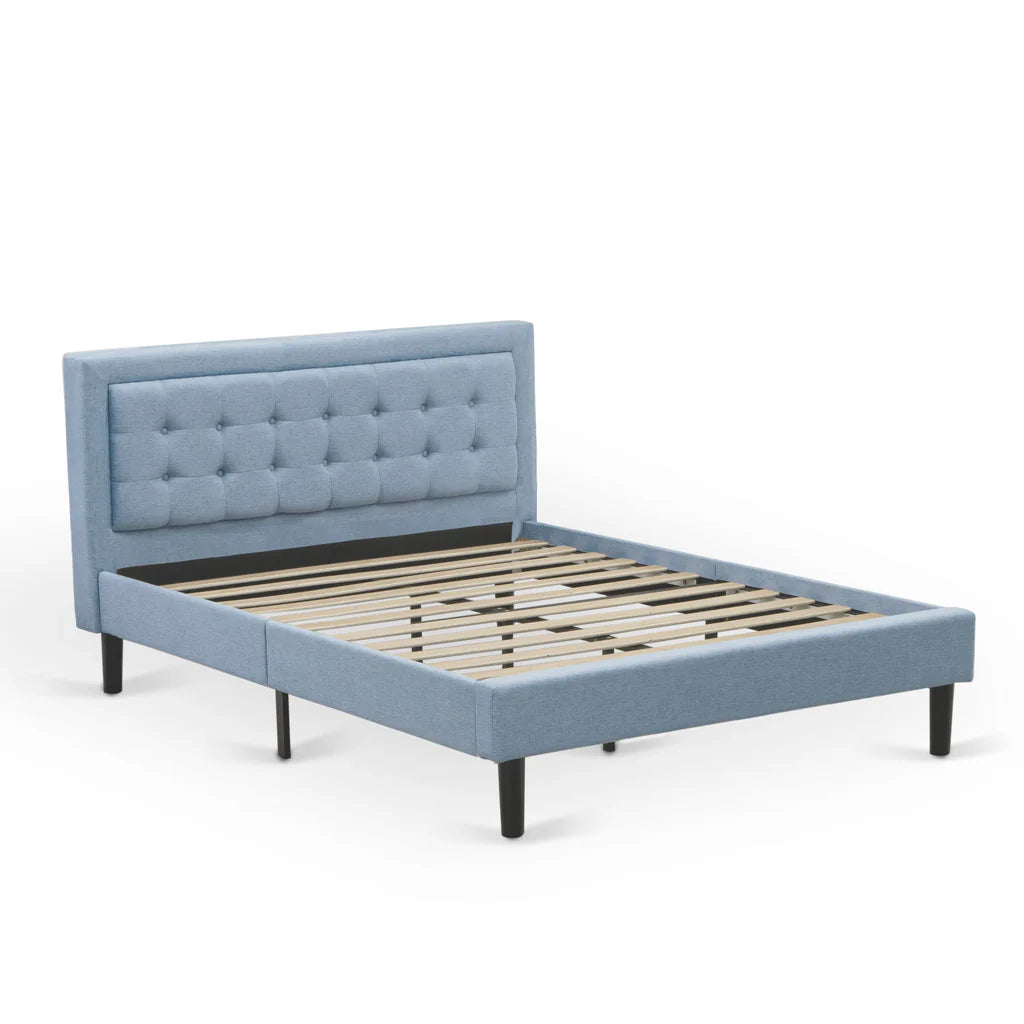 Platform Queen Size Bed - Denim Blue Linen Fabric Upholestered Bed Headboard with Button Tufted Trim Design - Black Legs