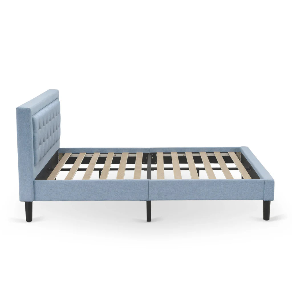 Platform Queen Size Bed - Denim Blue Linen Fabric Upholestered Bed Headboard with Button Tufted Trim Design - Black Legs