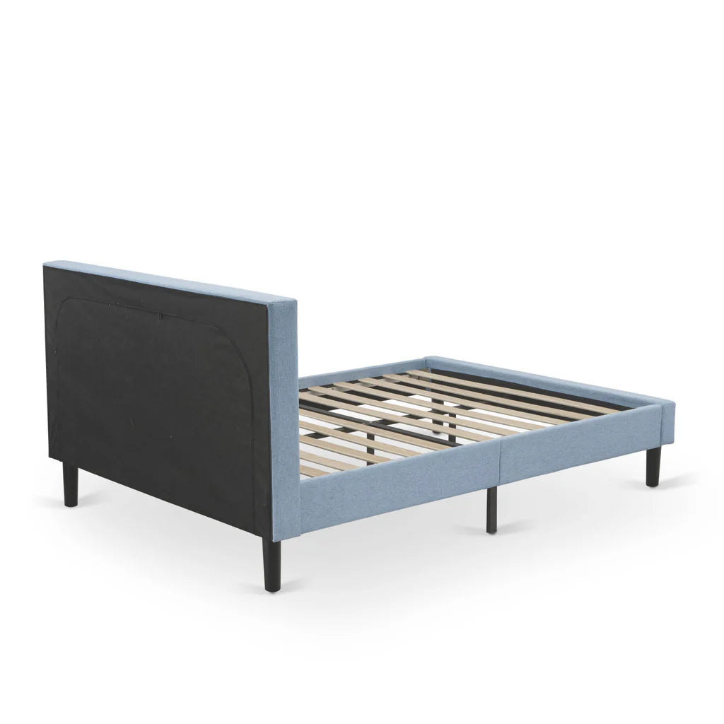 Platform Queen Size Bed - Denim Blue Linen Fabric Upholestered Bed Headboard with Button Tufted Trim Design - Black Legs