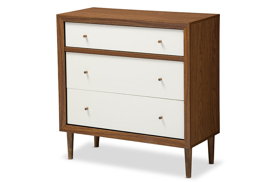 Harlow Mid-century Modern Scandinavian Style White and Walnut Wood 3-drawer Chest