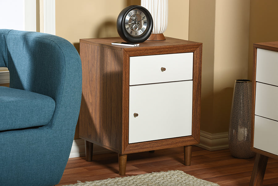 Harlow Mid-century Modern Scandinavian Style White and Walnut Wood 1-drawer and 1-door Nightstand