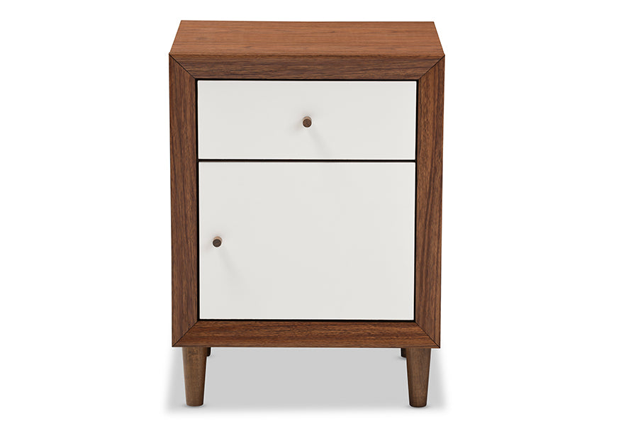 Harlow Mid-century Modern Scandinavian Style White and Walnut Wood 1-drawer and 1-door Nightstand