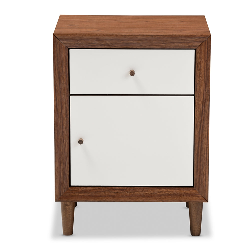 Harlow Mid-century Modern Scandinavian Style White and Walnut Wood 1-drawer and 1-door Nightstand