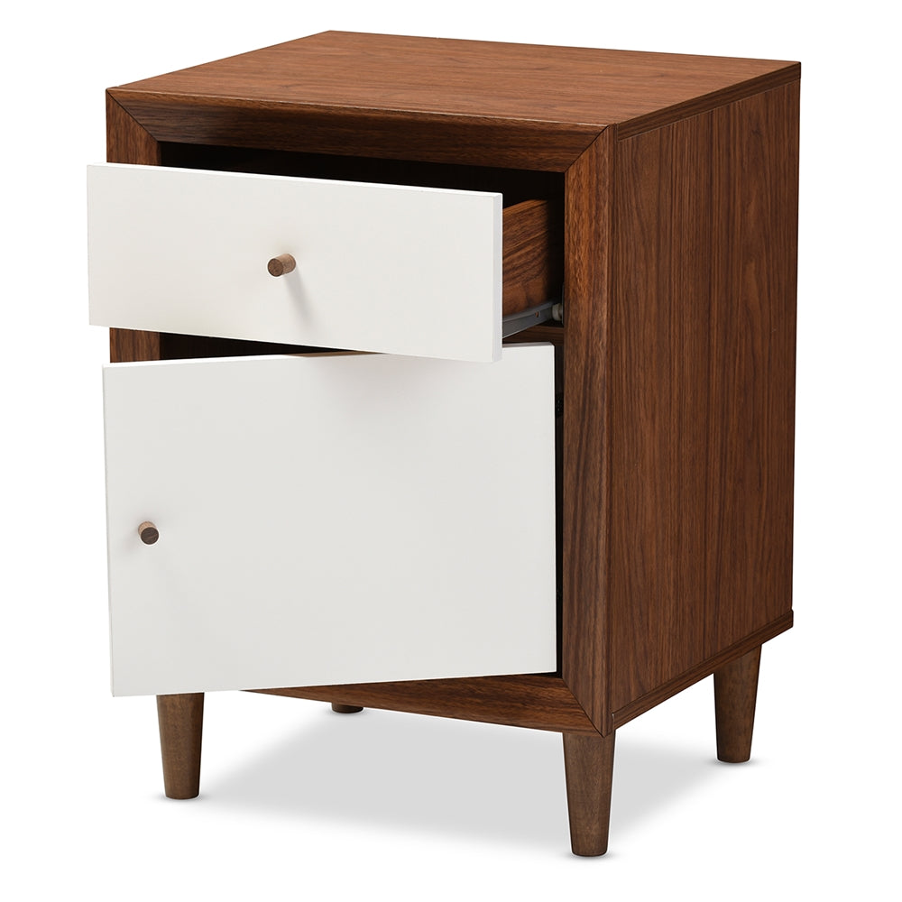 Harlow Mid-century Modern Scandinavian Style White and Walnut Wood 1-drawer and 1-door Nightstand