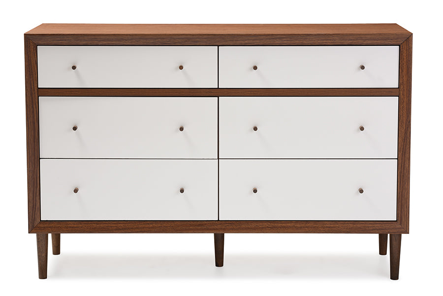 Baxton Studio Harlow Mid-century Modern Scandinavian Style White and Walnut Wood 6-drawer Storage Dresser