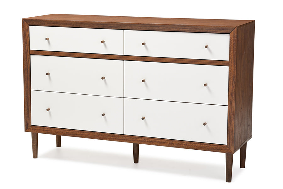 Harlow Mid-century Modern Scandinavian Style White and Walnut Wood 6-drawer Storage Dresser