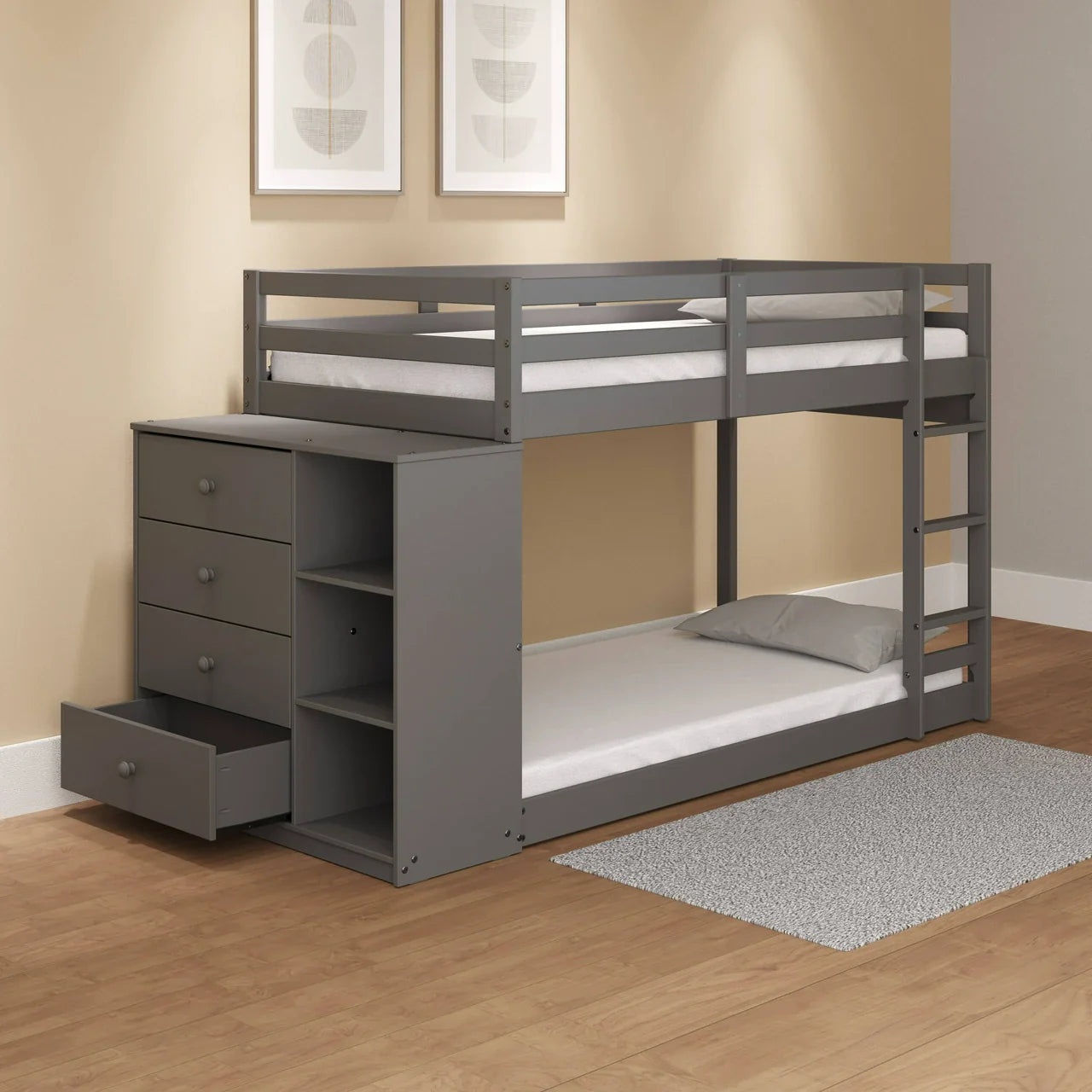 Nastik Gaston Gray Wood Bunk Bed T/T  With Drawers, Compartments & Ladder