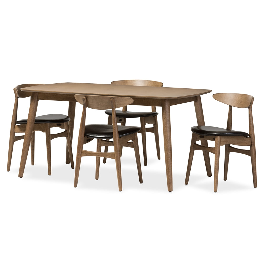 Edna Mid-Century Modern French Black Faux Leather and "Oak" Light Brown Finishing Wood 5-Peice Dining Set