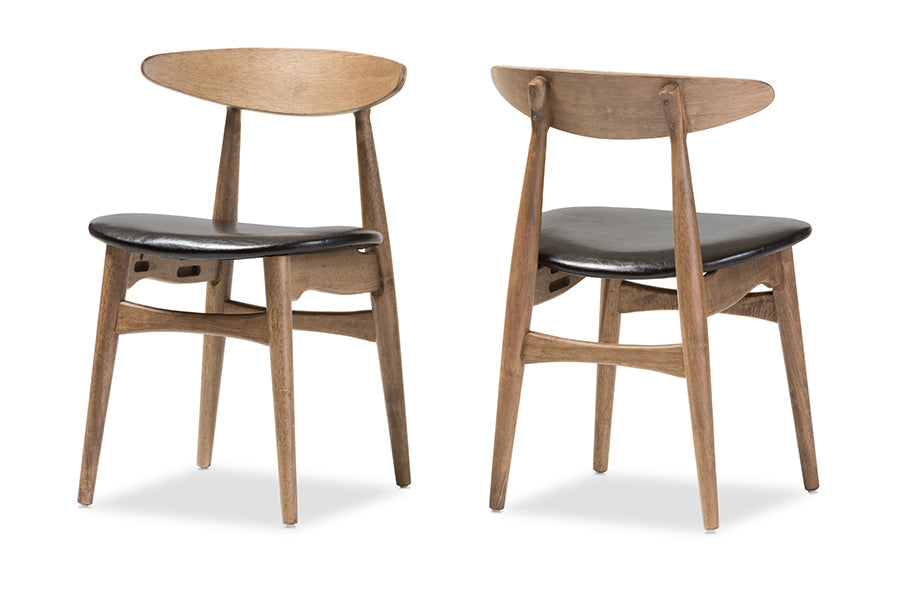 Edna Mid-Century Modern French Black Faux Leather and "Oak" Light Brown Finishing Wood 5-Peice Dining Set