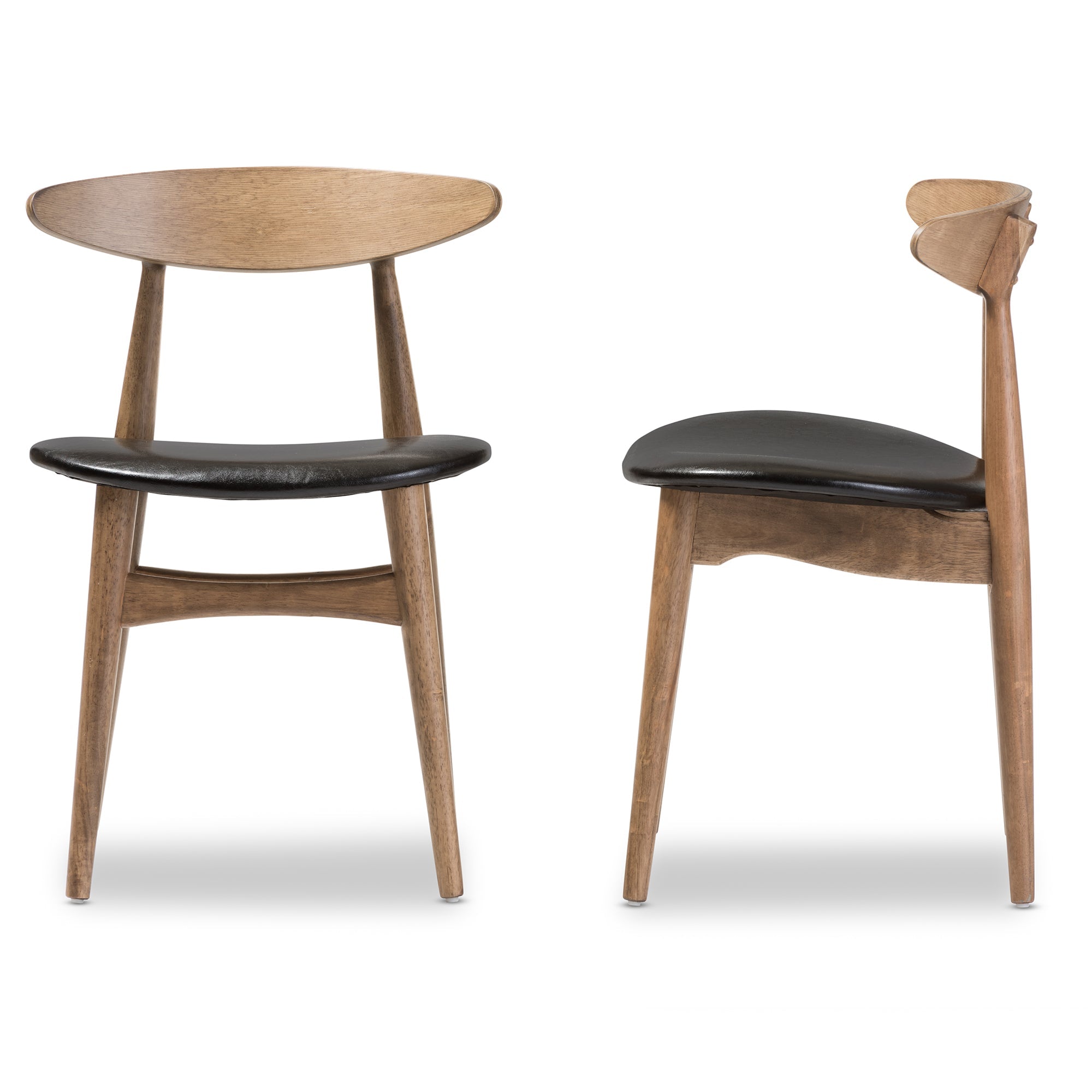 Edna Mid-Century Modern French Black Faux Leather and "Oak" Light Brown Finishing Wood Dining Chair
