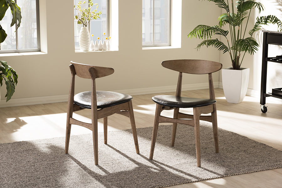 Edna Mid-Century Modern French Black Faux Leather and "Oak" Light Brown Finishing Wood Dining Chair