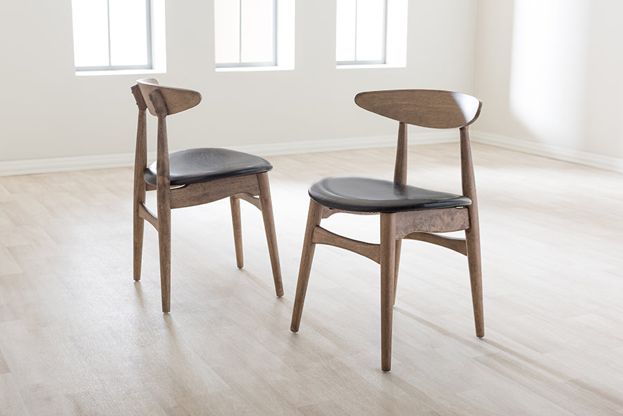 Edna Mid-Century Modern French Black Faux Leather and "Oak" Light Brown Finishing Wood Dining Chair