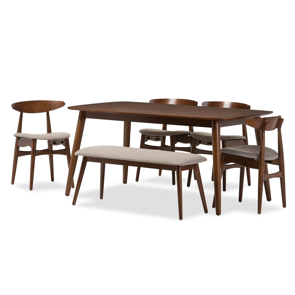 Flora Mid-Century Modern Light Grey Fabric and "Oak" Medium Brown Finishing Wood 6-Piece Dining Set