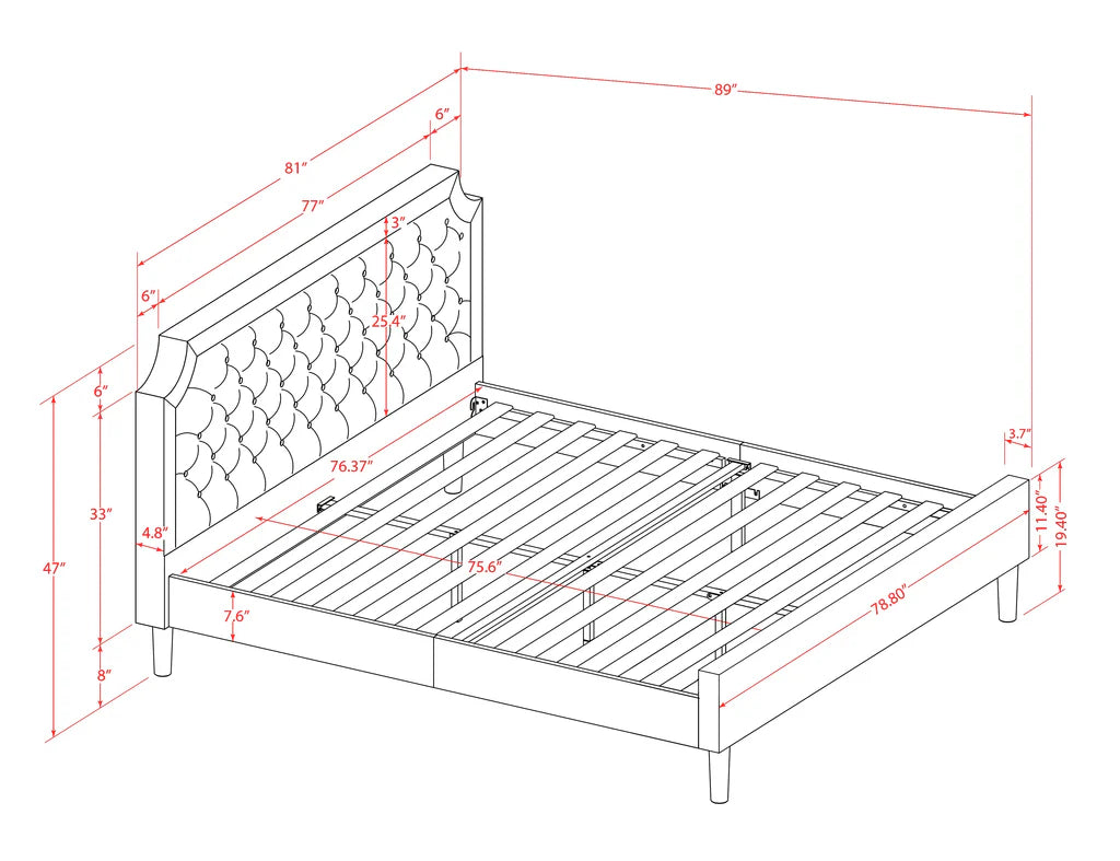 Granbury King Size Platform Bed Frame - Black Textured Upholstered Headboard, Footboard and Wood Rails, Slats - Wooden 9 Legs with Full Support King Bed - Black Finish