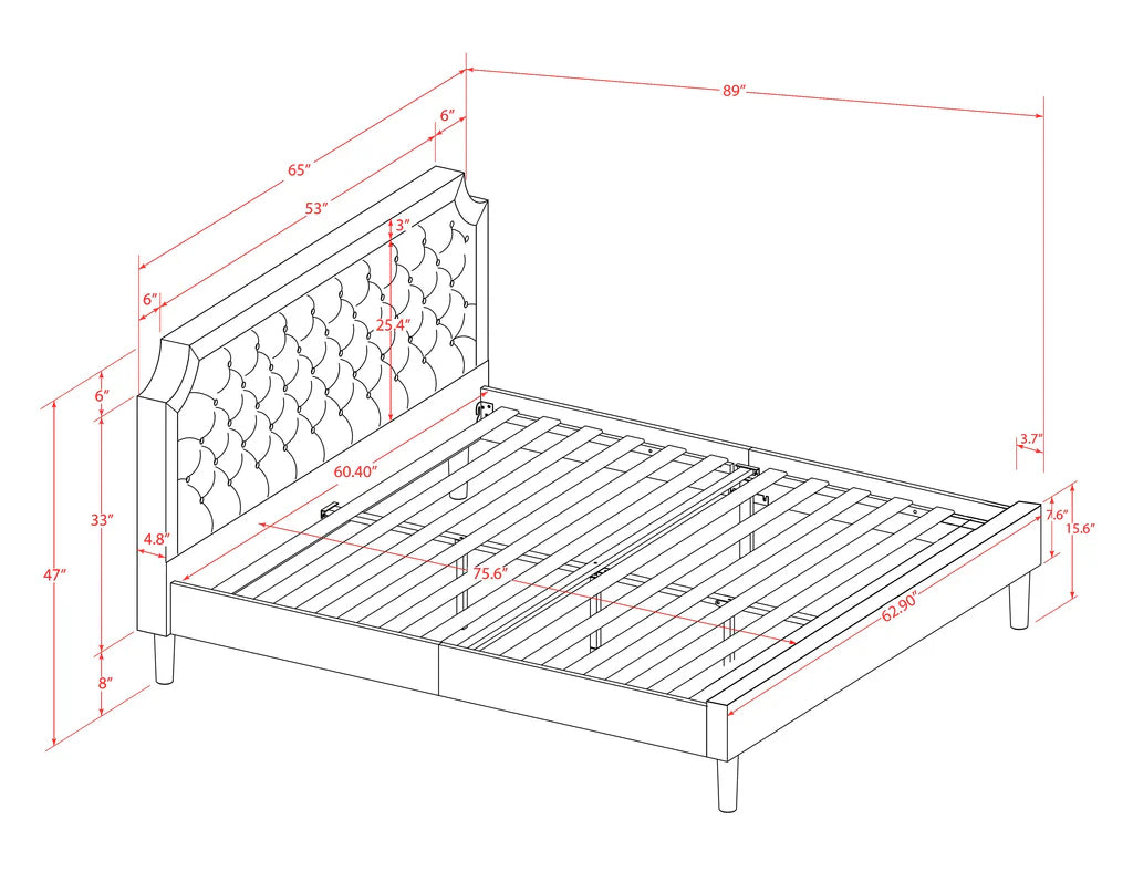 Queen Size Bed Frame - Black Textured Upholstered Headboard, Footboard and Wood Rails, Slats - Wooden 9 Legs with Full Support Queen Size Bed - Black Finish