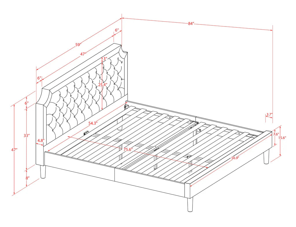 Granbury Full Size Bed - Brown Textured Upholstered Headboard, Footboard and Wood Rails, Slats - Wooden 9 Legs with Full Support Full Bed Frame - Black Finish