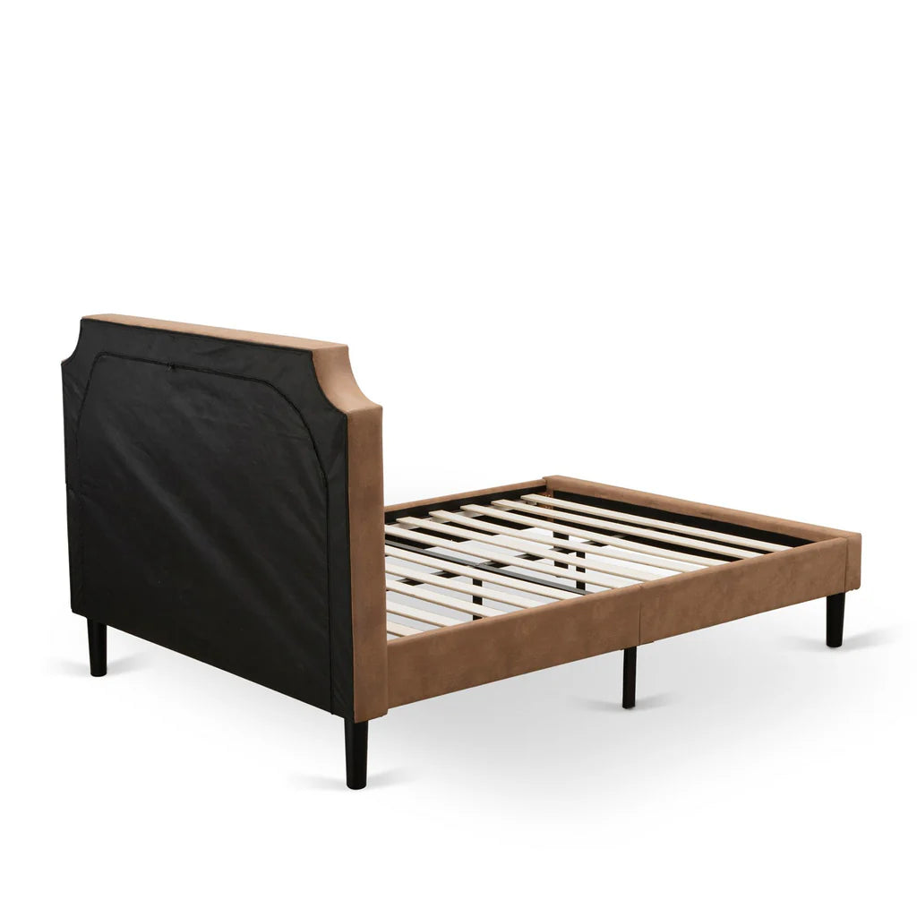 Granbury Full Size Bed - Brown Textured Upholstered Headboard, Footboard and Wood Rails, Slats - Wooden 9 Legs with Full Support Full Bed Frame - Black Finish